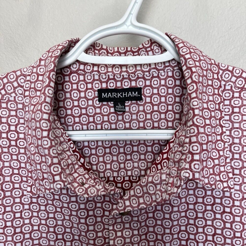 Markham | Red Geometric Print Short Sleeve Button Shirt Men’s Large - Picture 3 of 5